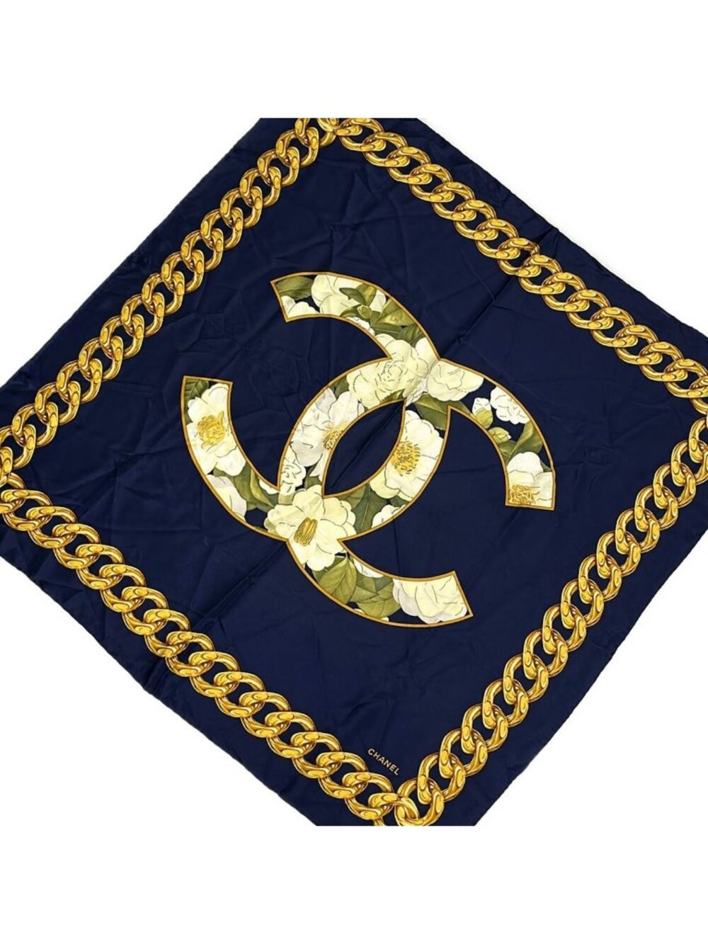 Chanel Scarf Navy Yellow Multi Floral CC Logo